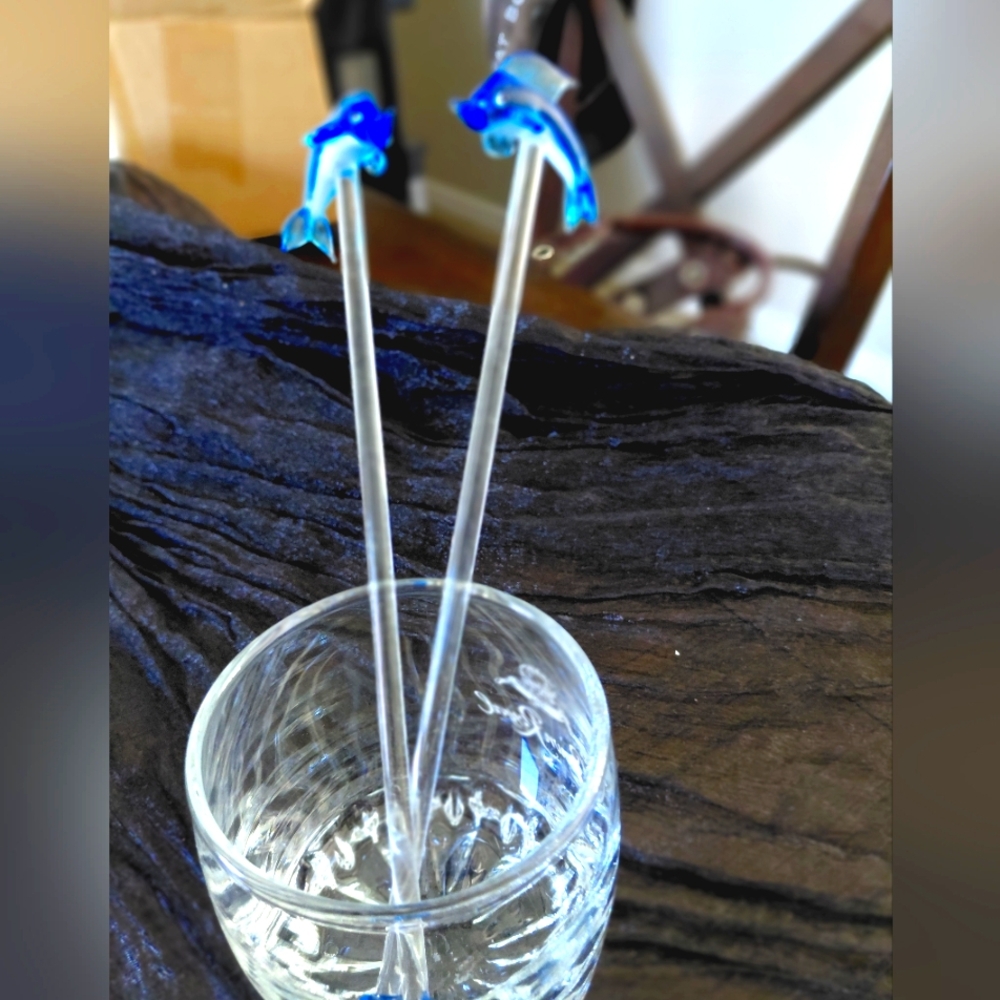 2 Blue Dolphin Glass Stir Sticks